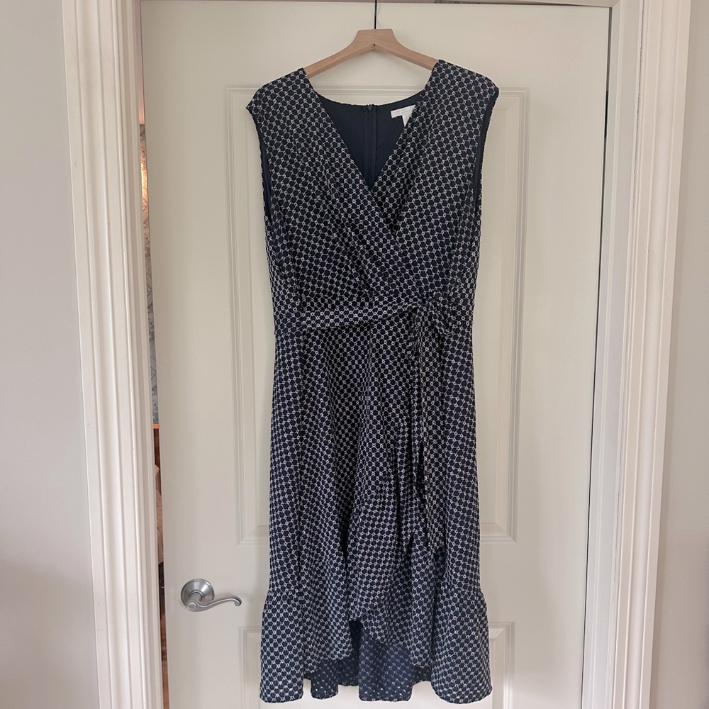 London Times | Navy & White Patterned Midi Wrap Dress - 20W